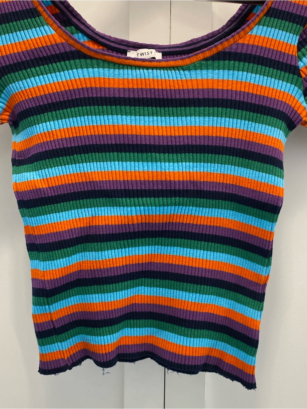 Vintage Multi-Stripe Ribbed Scoop Neck Tee - Blue, Green, Orange, Purple - Picture 8 of 11